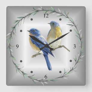 Blue &Yellow Birds Green Leaf Ring Blue/Gray Back~ Square Wall Clock