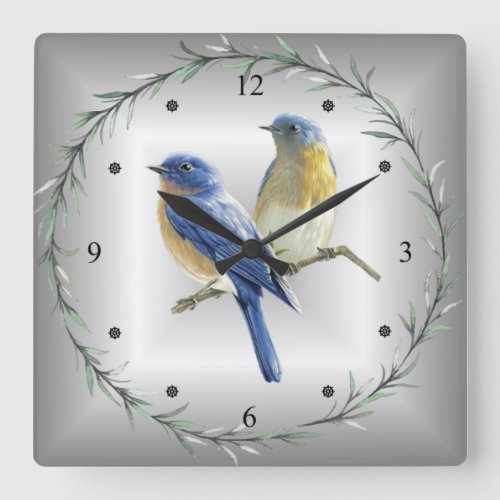 Blue Yellow Birds Green Leaf Ring BlueGray Back Square Wall Clock