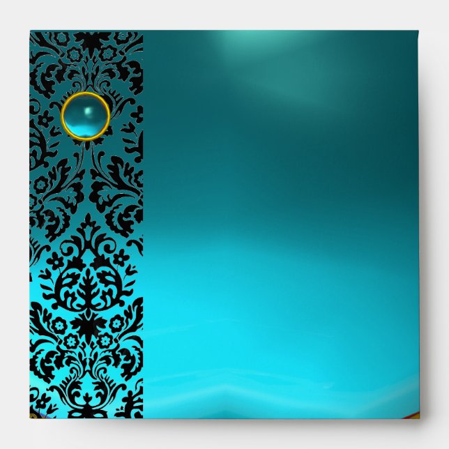 BLUE YELLOW BLACK DAMASK Aquamarine , Gold Envelope (Front)