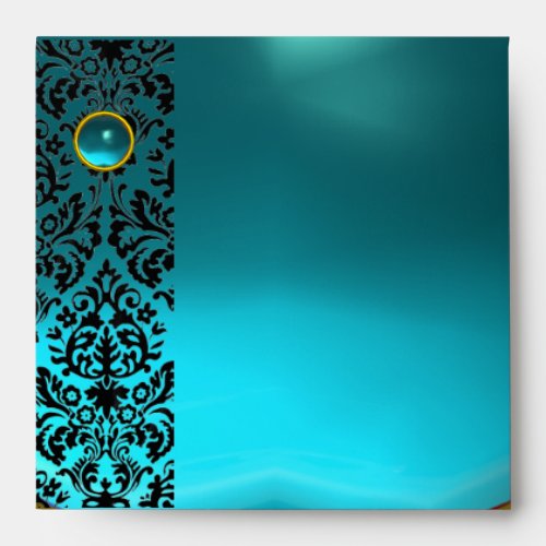 BLUE YELLOW BLACK DAMASK Aquamarine  Gold Envelope