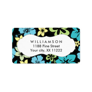 blue yellow black hibiscus hawaiian tropical favor label