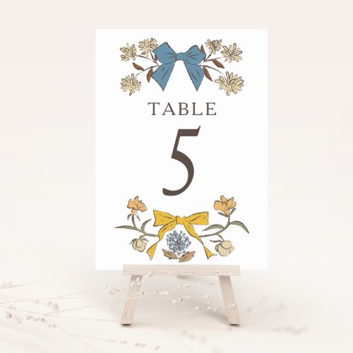 Blue Yellow Boho Bows Wedding Table Number