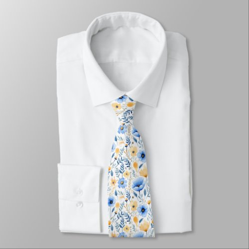 Blue Yellow Boho Floral Groomsmen Groom Wedding  Neck Tie