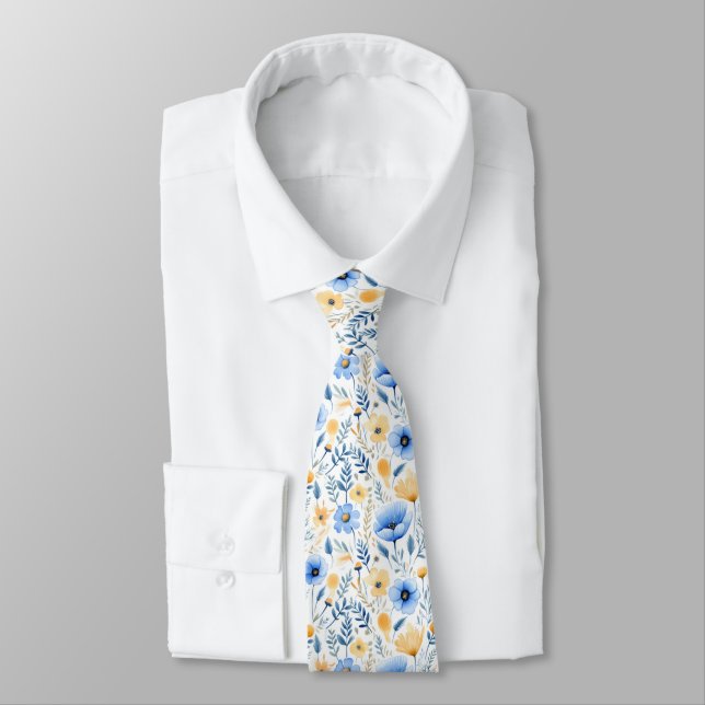 Blue Yellow Boho Floral Groomsmen Groom Wedding  Neck Tie (Tied)