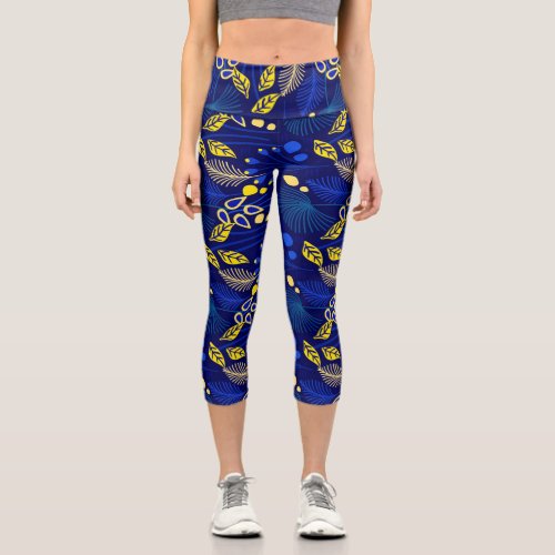 Blue Yellow Botanical Floral Tropical Pattern  Capri Leggings