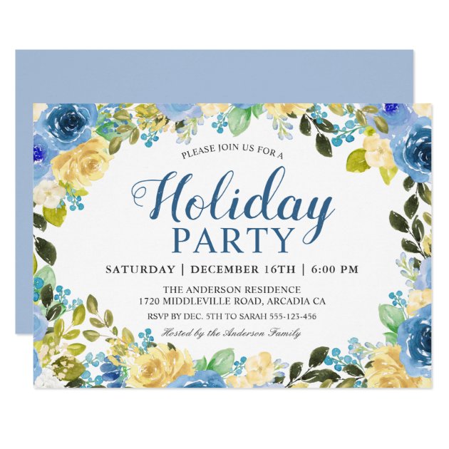 Blue Yellow Botanical Peony Floral Holiday Party Invitation