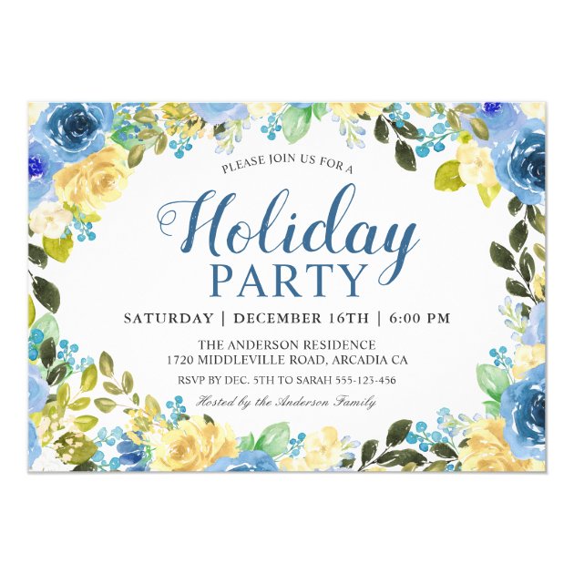 Blue Yellow Botanical Peony Floral Holiday Party Invitation