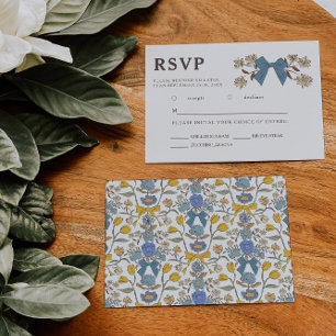 Blue Yellow Bow Floral Wedding RSVP Meal Choice  Card
