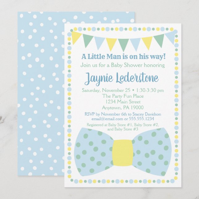 Blue Yellow Bow Tie Baby Shower Invitation (Front/Back)