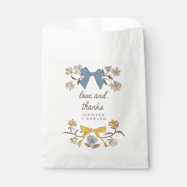 Blue Yellow Bows and Blossoms Boho Wedding Favor Bag (Front)