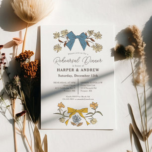 Blue Yellow Bows Blossom Wedding Rehearsal Dinner Invitation