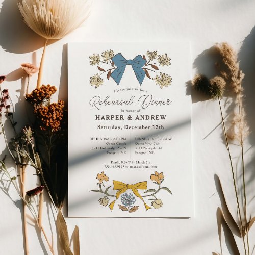 Blue Yellow Bows Blossom Wedding Rehearsal Dinner  Invitation