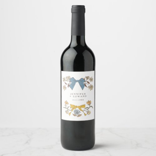 Blue Yellow Bows  Blossoms Wedding Wine Label