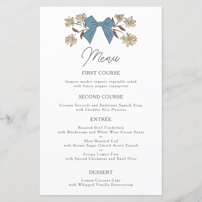 Blue Yellow Bows Flower Wedding Dinner Menu (Front)