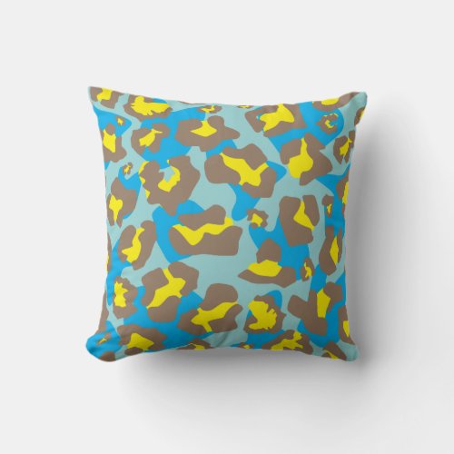 Blue yellow brown leopard animal print pattern throw pillow