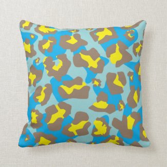 Blue, yellow, brown leopard animal print pattern throw pillow