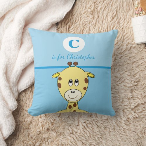 Blue yellow brown with a cute giraffe baby name throw pillow