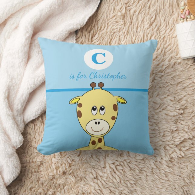 Blue yellow brown with a cute giraffe baby name throw pillow (Blanket)