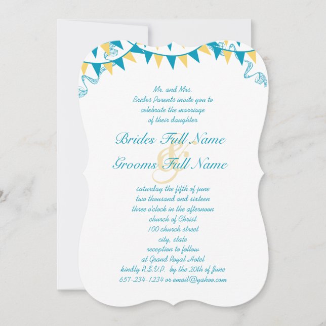 Blue & Yellow Bunting Pennant Wedding Invitations (Front)