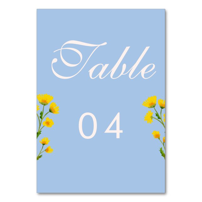Blue & Yellow buttercup Wedding table numbers (Front)