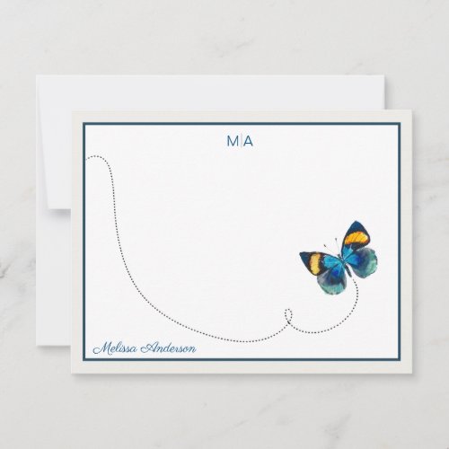 Blue Yellow Butterfly in Flight Monogram Name Note Card