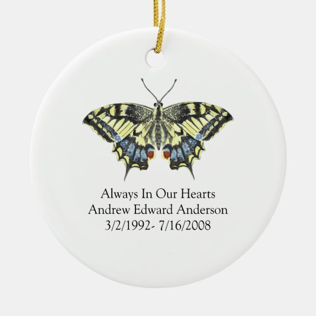 Blue Yellow Butterfly Memorial Keepsake Ceramic Ornament (Front)