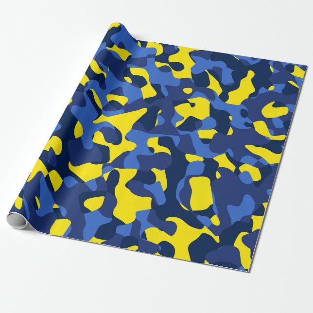 Blue Yellow Camouflage Print Pattern Wrapping Paper (Unrolled)
