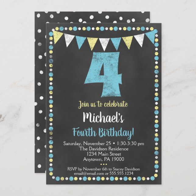 Blue Yellow Chalkboard 4th Birthday Invitation (Front/Back)