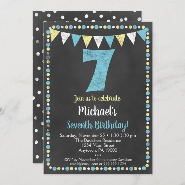 Blue Yellow Chalkboard 7th Birthday Invitation (Front/Back)
