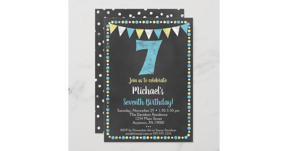 Blue Yellow Chalkboard 7th Birthday Invitation | Zazzle