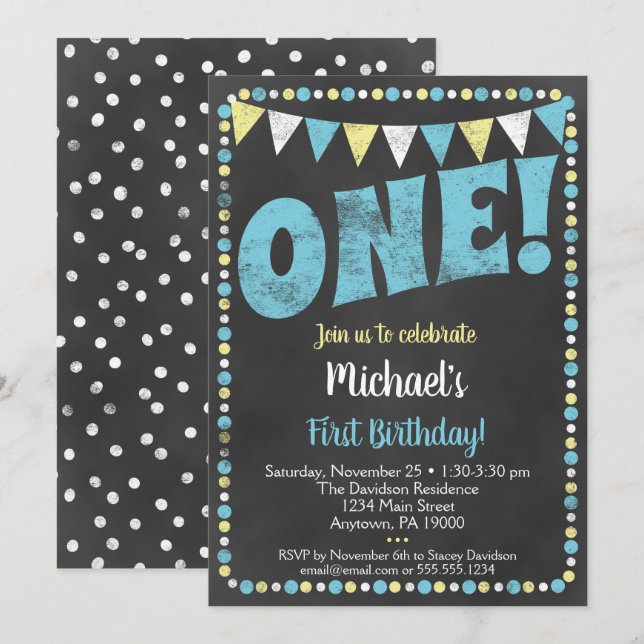 Blue Yellow Chalkboard First Birthday Invitation (Front/Back)