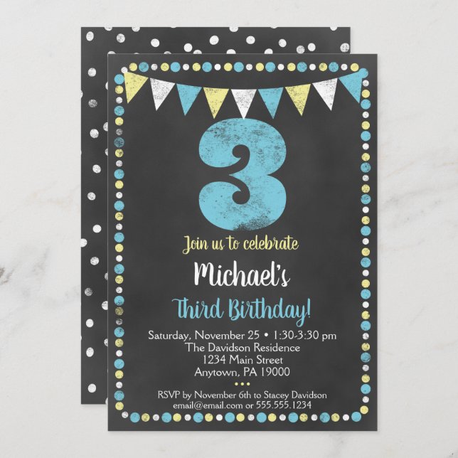 Blue Yellow Chalkboard Third Birthday Invitation (Front/Back)