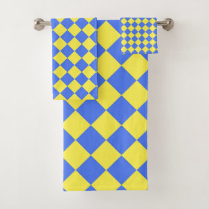 Blue Yellow Checker Diamond Pattern Bath Towel Set