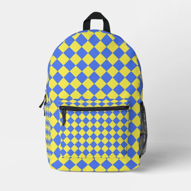 Blue Yellow Checker Diamond Pattern Printed Backpack (Front)