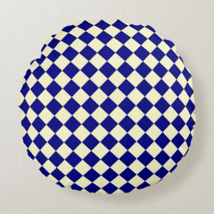 Blue Yellow Checker Diamond Pattern Round Pillow