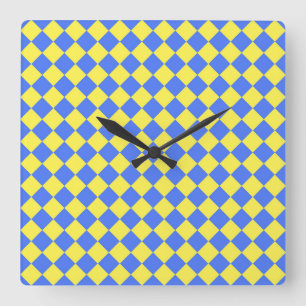 Blue Yellow Checker Diamond Pattern Square Wall Clock