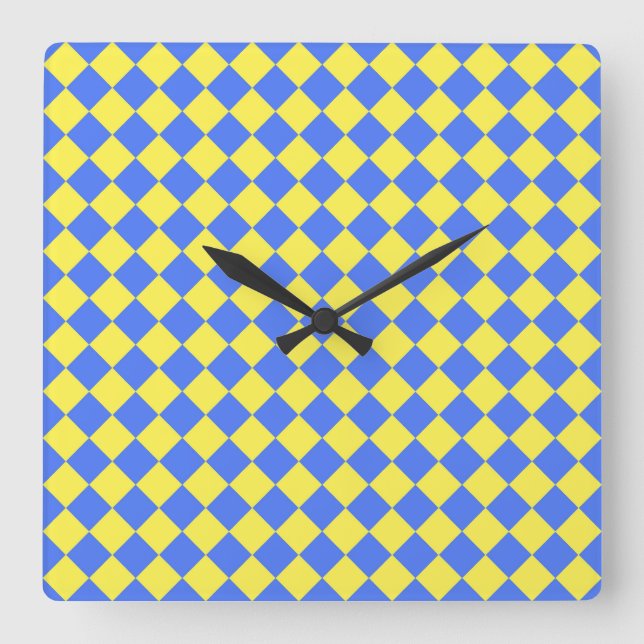 Blue Yellow Checker Diamond Pattern Square Wall Clock (Front)