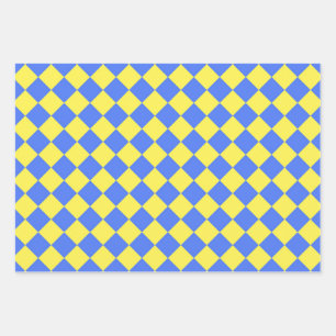 Blue Yellow Checker Diamond Pattern Wrapping Paper Sheets