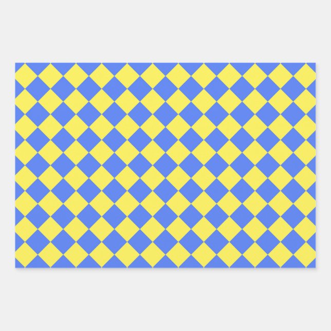 Blue Yellow Checker Diamond Pattern Wrapping Paper Sheets (Front)