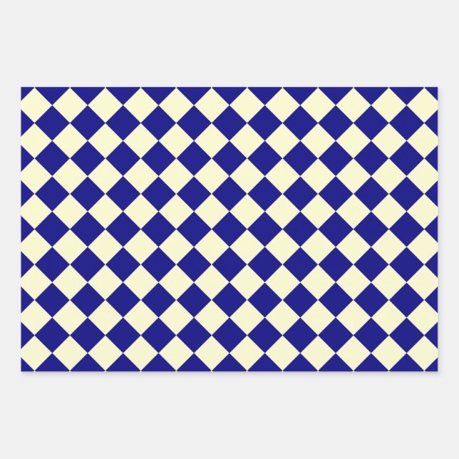 Blue Yellow Checker Diamond Pattern Wrapping Paper Sheets (Front)