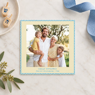 Blue Yellow Checkerboard Photo Happy Hanukkah Holiday Card