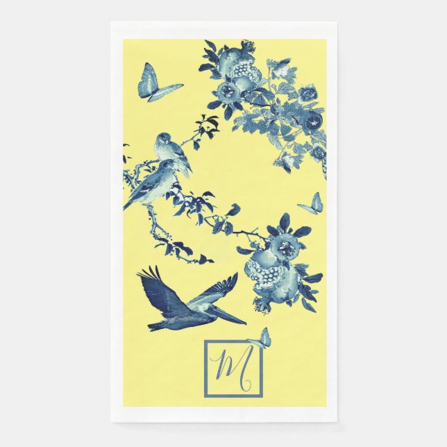Blue Yellow Chinoiserie Floral Elegant Monogram    Paper Guest Towels (Front)
