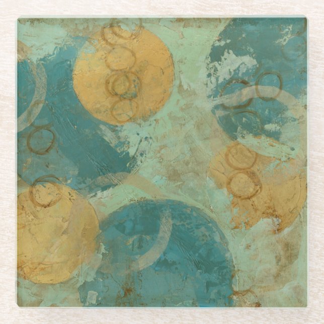 Blue & Yellow Circles Glass Coaster (Front)