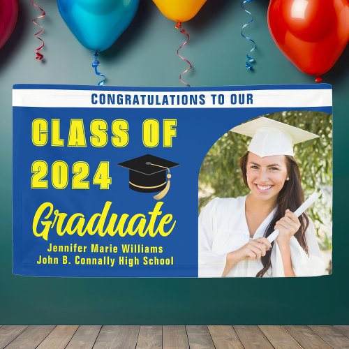 Blue Yellow Class of 2024 Graduation Photo Party Banner