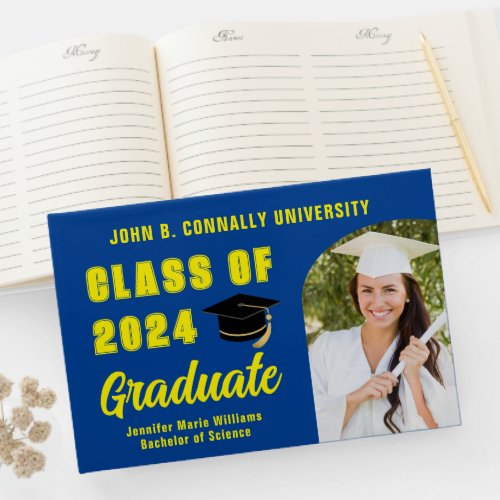 Blue Yellow Class of 2024 Photo Custom Graduation Guest Book