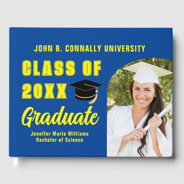 Blue Yellow Class of 2025 Photo Custom Graduation Guest Book (Front)