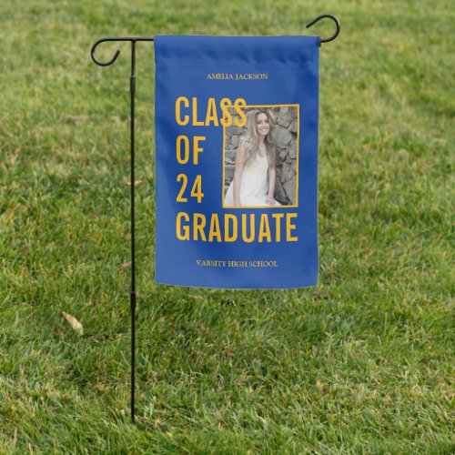 Blue  Yellow Class Of 24 Photo Graduation Garden Flag