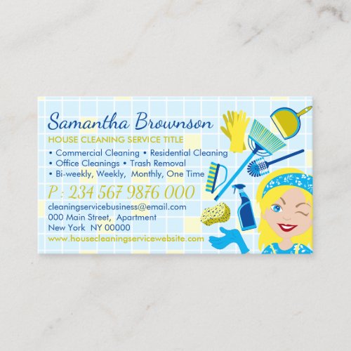 Blue Yellow Cleaning Janitorial Maid Housekeeping Business Card