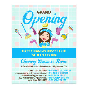 Blue Yellow Cleaning Lady Grand Opening Flyer