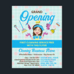 Blue Yellow Cleaning Lady Grand Opening Flyer<br><div class="desc">This design is perfect for promoting the grand opening of a cleaning business. The design features a charming female character holding cleaning supplies in her hands, which immediately catches the viewer's attention. The blue and yellow color scheme is clean and refreshing, suggesting a professional and trustworthy service. The design includes...</div>